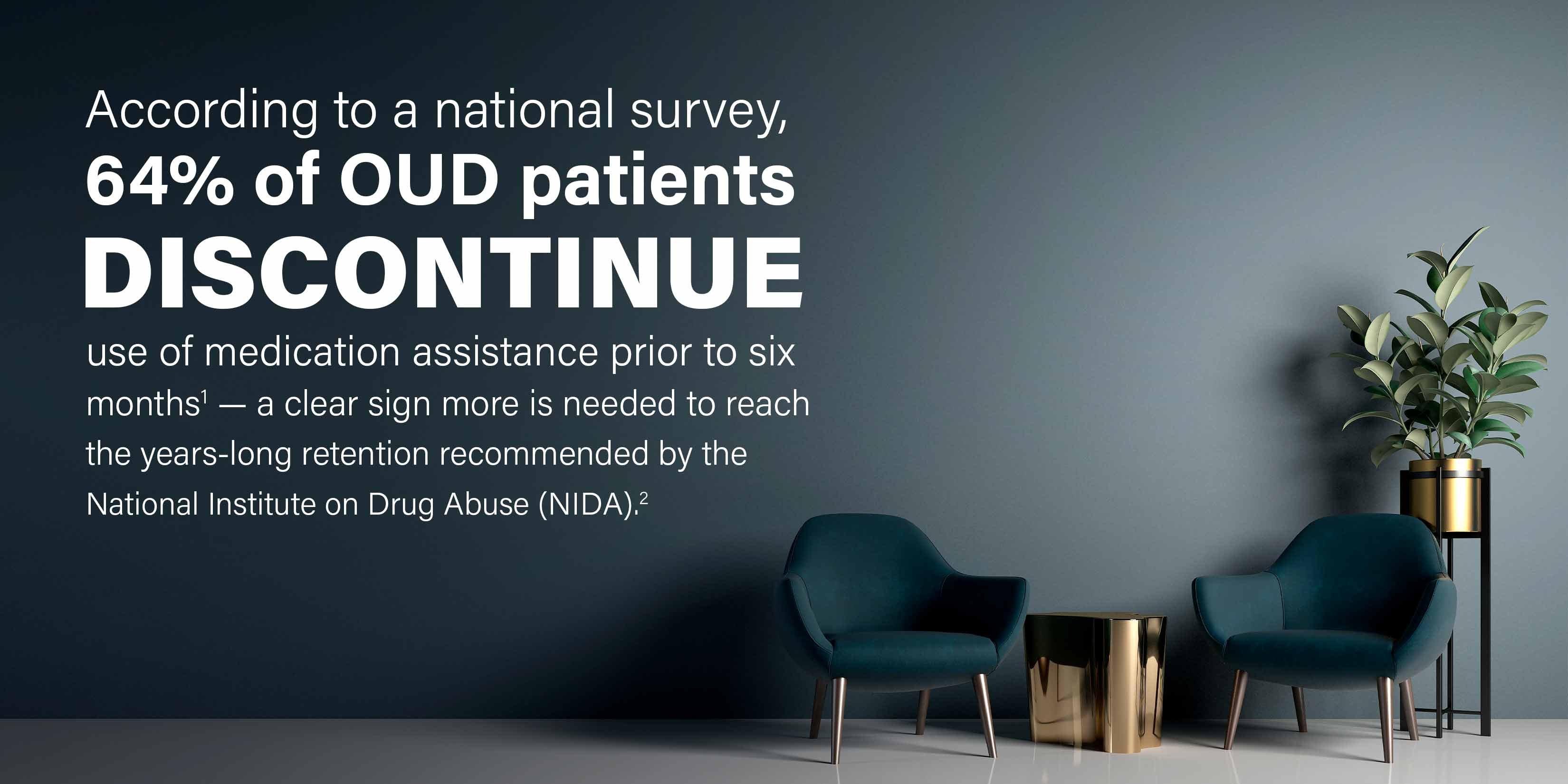 According to a national survey, 64% of OUD patients discontinue use of medication assistance prior to six months[1] — a clear sign more is needed to reach the years-long retention recommended by the National Institute on Drug Abuse (NIDA).[2]