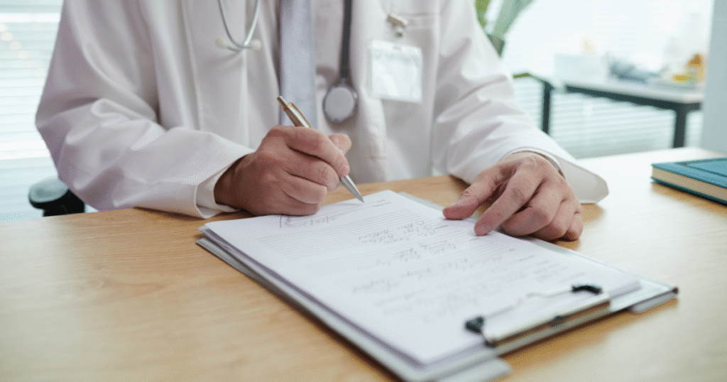Image of a doctor or physician writing a prescription for naltrexone to help treat opioid or alcohol addiction.