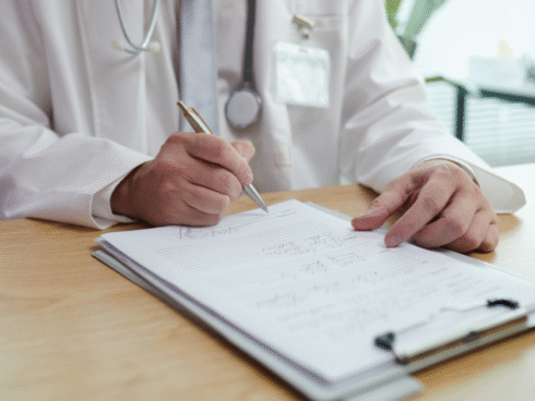 Image of a doctor or physician writing a prescription for naltrexone to help treat opioid or alcohol addiction.