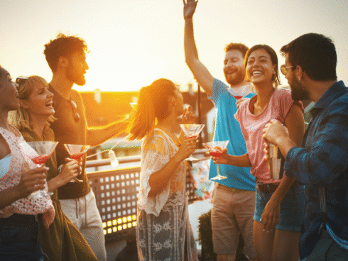Group of people celebrating together at a social gathering representing holidays in recovery, connection, support and enjoying celebrations while protecting well-being.