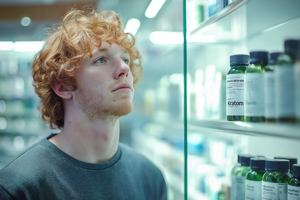 Close-up of a young adult examining kratom bottles in a retail display, highlighting concerns about kratom ban legislation and kratom withdrawal effects.