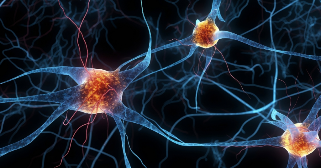 Illustration of brain neurons communicating through neural pathways, representing changes in brain chemistry caused by substance use disorder.